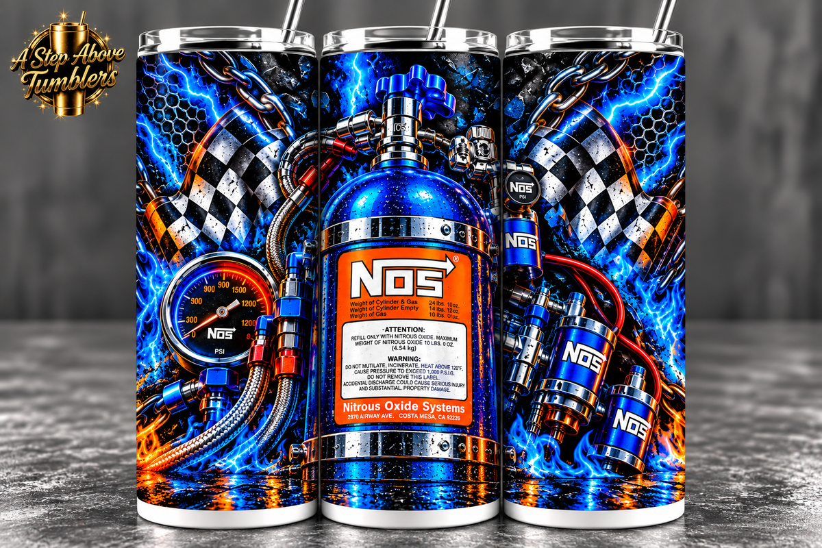 NOS Racing 20oz Skinny Tumbler | Nitrous Oxide Car Tumbler | Racing Gift for Him | Drag Racing Cup | Car Guy Gearhead Gift