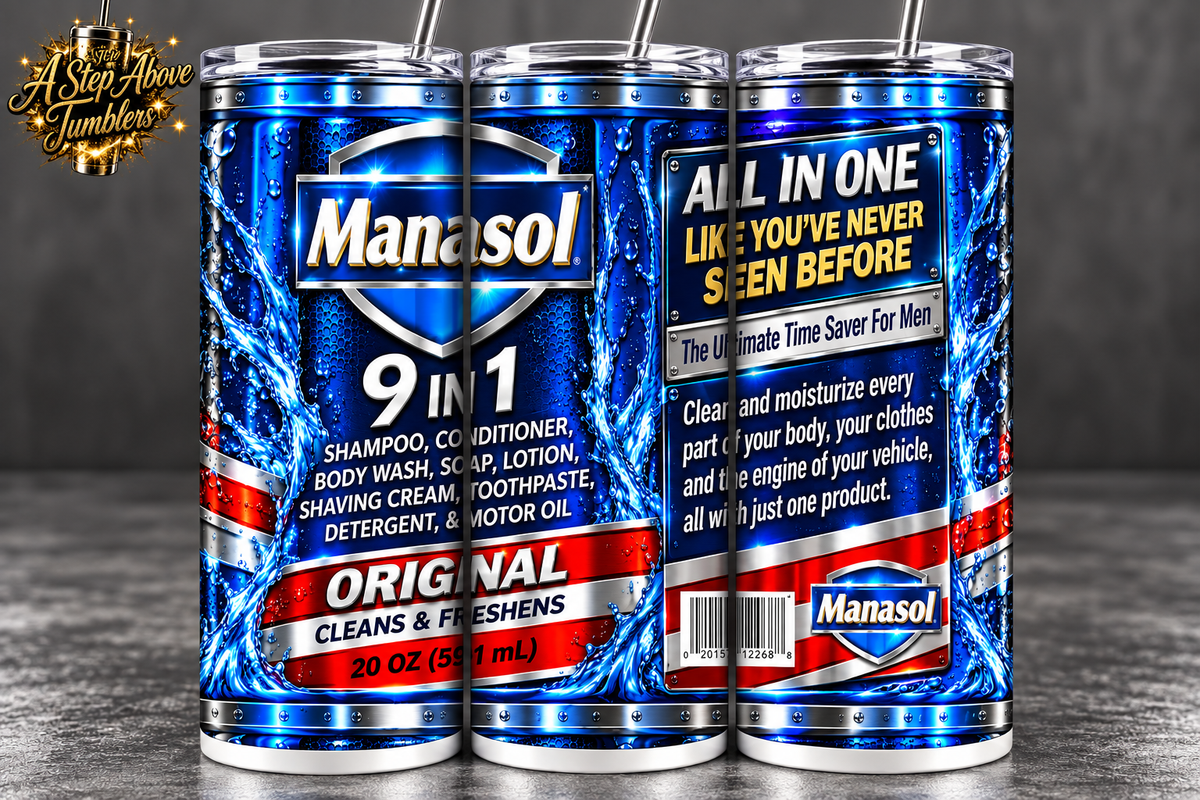 Funny Manasol 9-in-1 20oz Skinny Tumbler | Men’s All-in-One Parody Cup | Funny Husband Gift | Dad Gift | Blue Tumbler