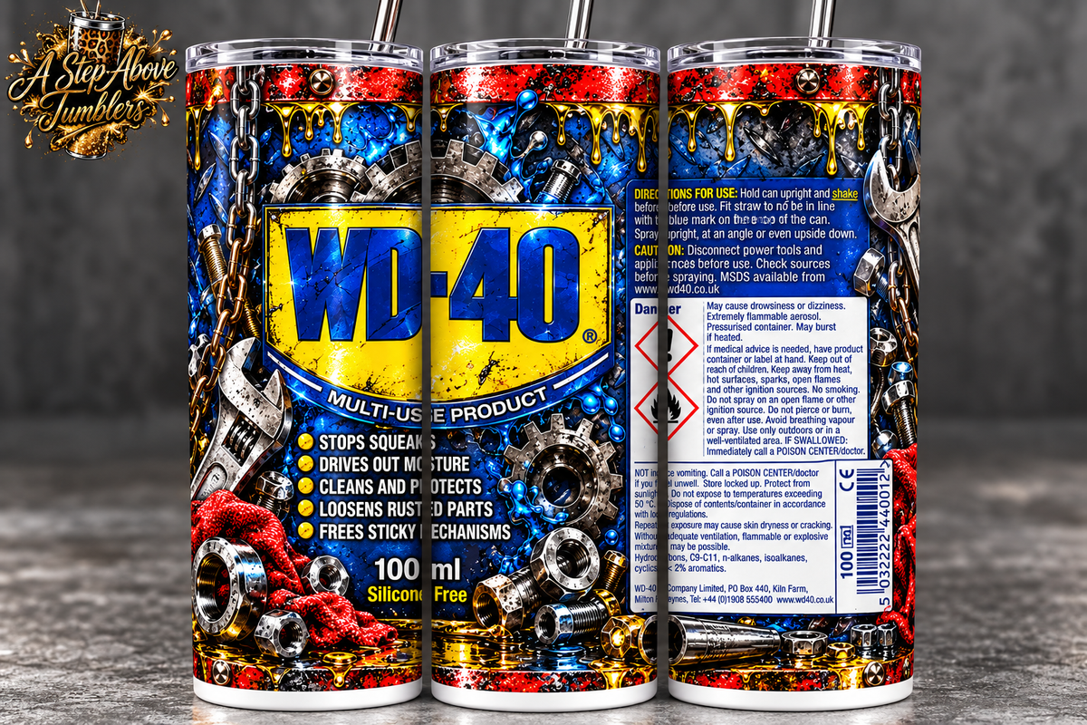 WD-40 Inspired 20oz Skinny Tumbler | Mechanic Tumbler | Garage Gift for Him | Car Guy Cup | Tool Lover Gearhead Gift