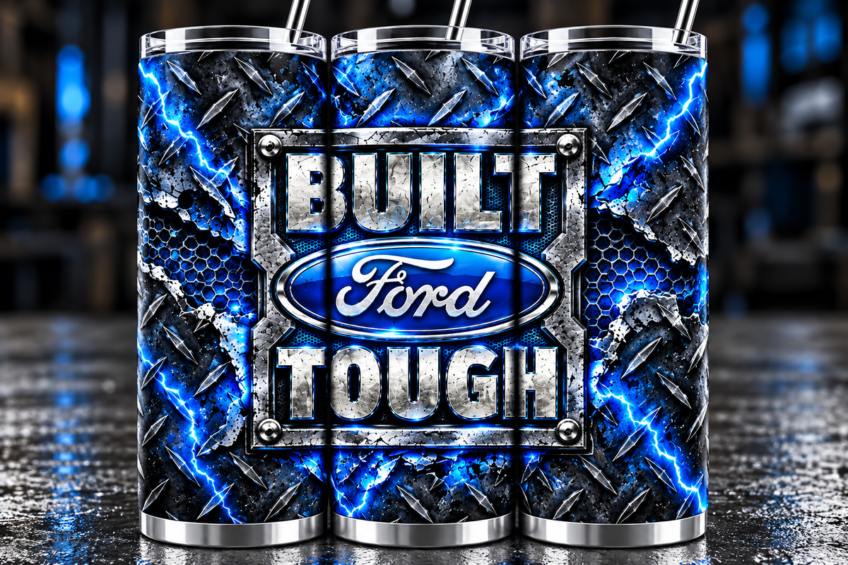 Built Ford Tough 20oz Skinny Tumbler | Ford Truck Tumbler | Ford Lover Gift | Blue Automotive Cup | Truck Guy Gift