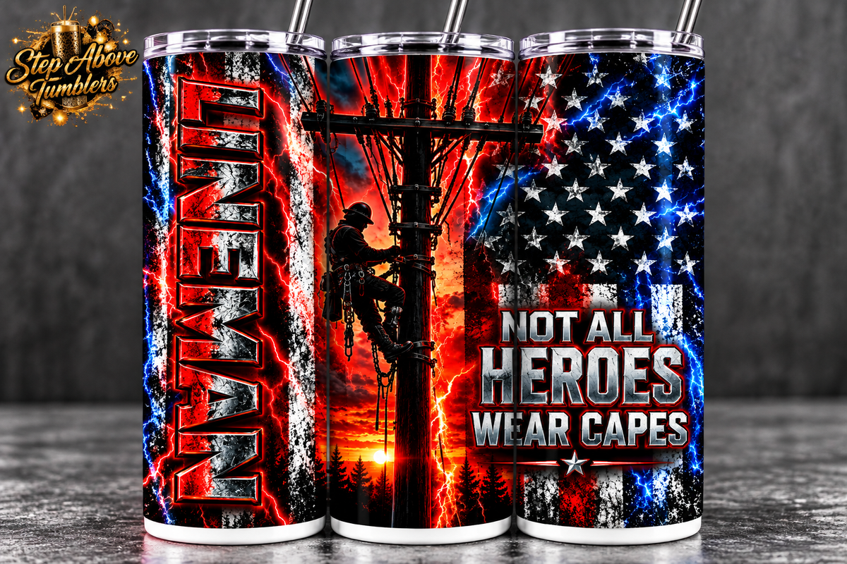 Lineman 20oz Skinny Tumbler | Not All Heroes Wear Capes | Power Lineman Gift | Utility Worker Tumbler | Electrician Gift for Him