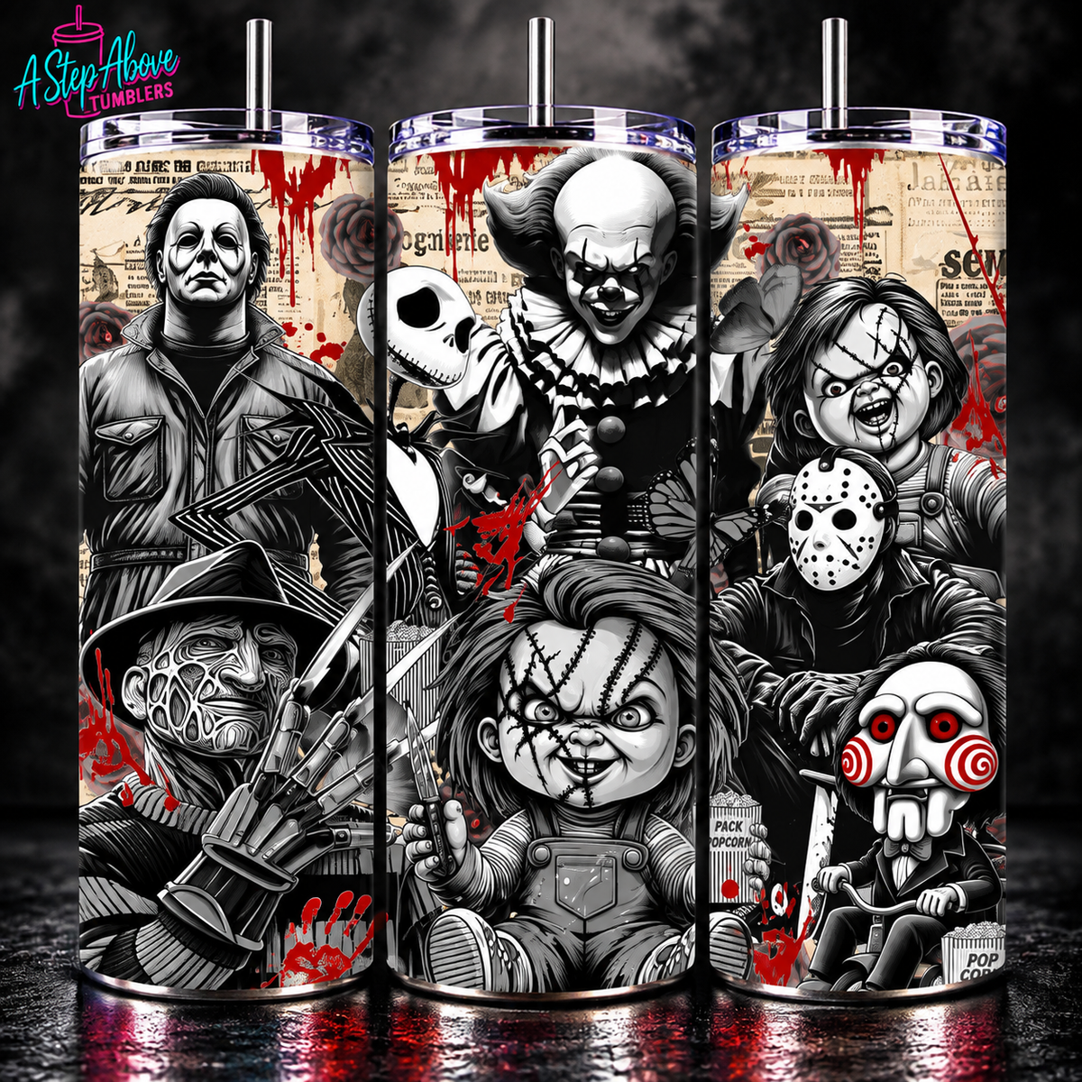 Horror Icons Tumbler 20oz | Black White & Red Slasher Cup | Classic Horror Movie Tumbler | Scary Movie Lover Gift | Halloween Cup