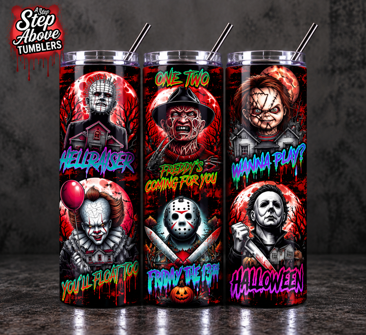 Horror Movie Inspired 20oz Skinny Tumbler | Classic Slasher Collage Cup | Scary Movie Tumbler | Halloween Horror Gift | Spooky Cup