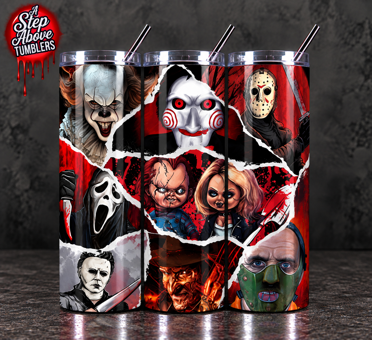 Horror Movie Collage 20oz Skinny Tumbler | Classic Slasher Inspired Cup
