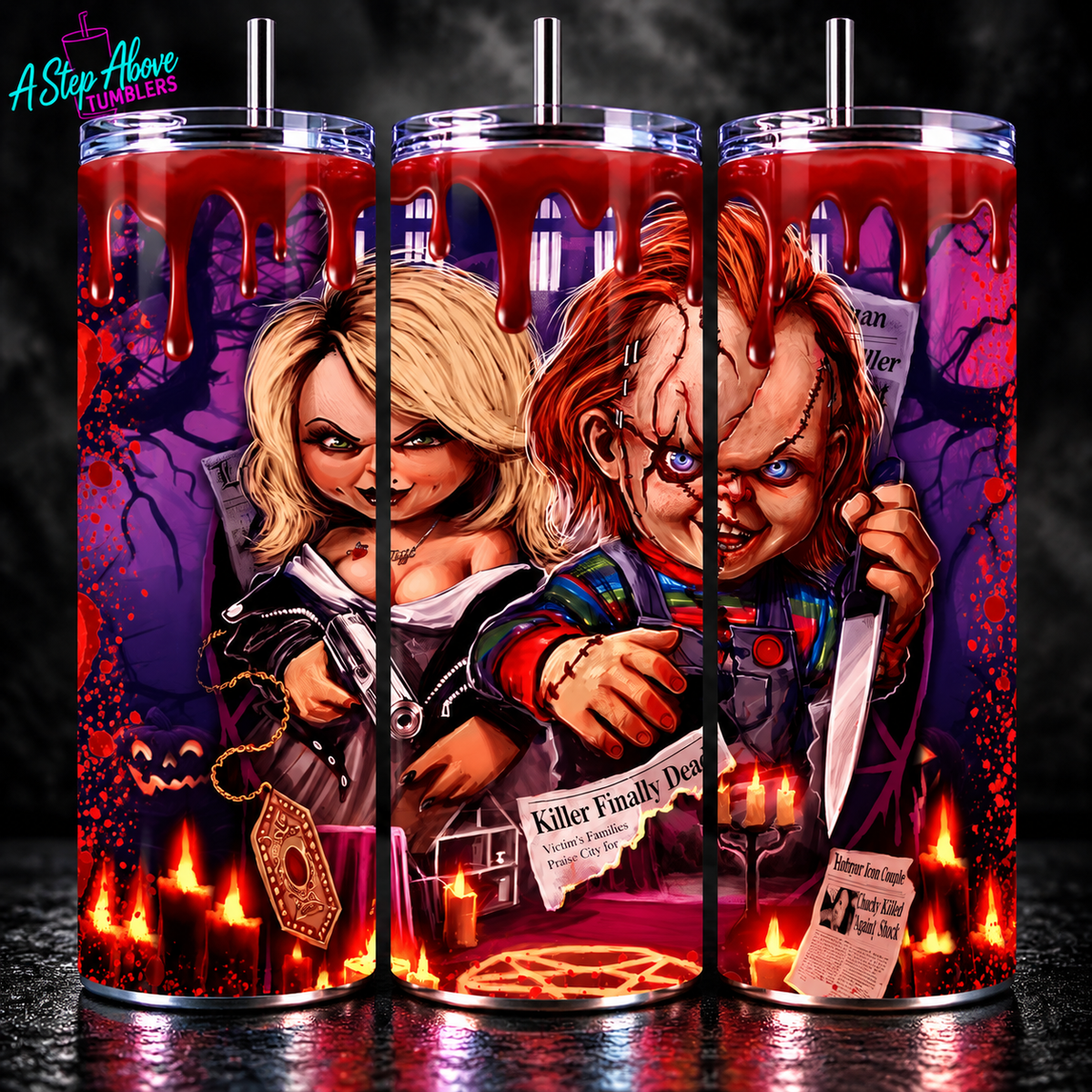 Chucky & Tiffany Horror Tumbler 20oz | Killer Doll Couple Cup | Bride of Chucky Inspired | Bloody Halloween Tumbler | Horror Lover Gift
