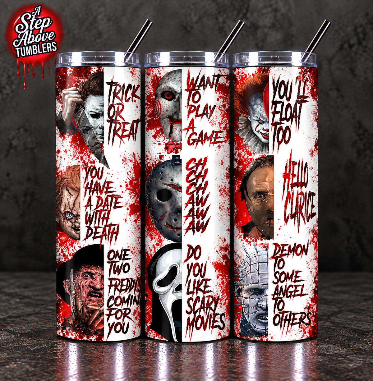 Horror Quotes 20oz Skinny Tumbler | Scary Movie Inspired Cup | Slasher Horror Tumbler | Red Black Halloween Cup | Horror Lover Gift