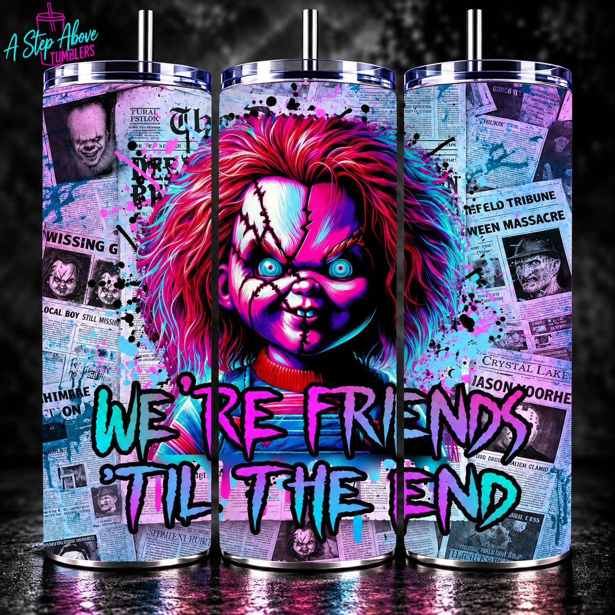 Chucky Horror Tumbler 20oz | We’re Friends Til The End Cup | Neon Killer Doll Tumbler | Scary Movie Gift | Halloween Horror Cup