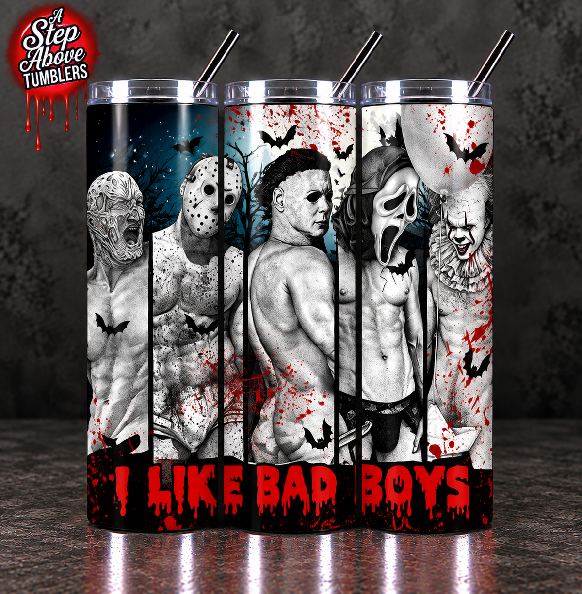 I Like Bad Boys Horror Tumbler | 20oz Skinny Scary Movie Cup | Funny Horror Lover Gift | Slasher Inspired Halloween Tumbler