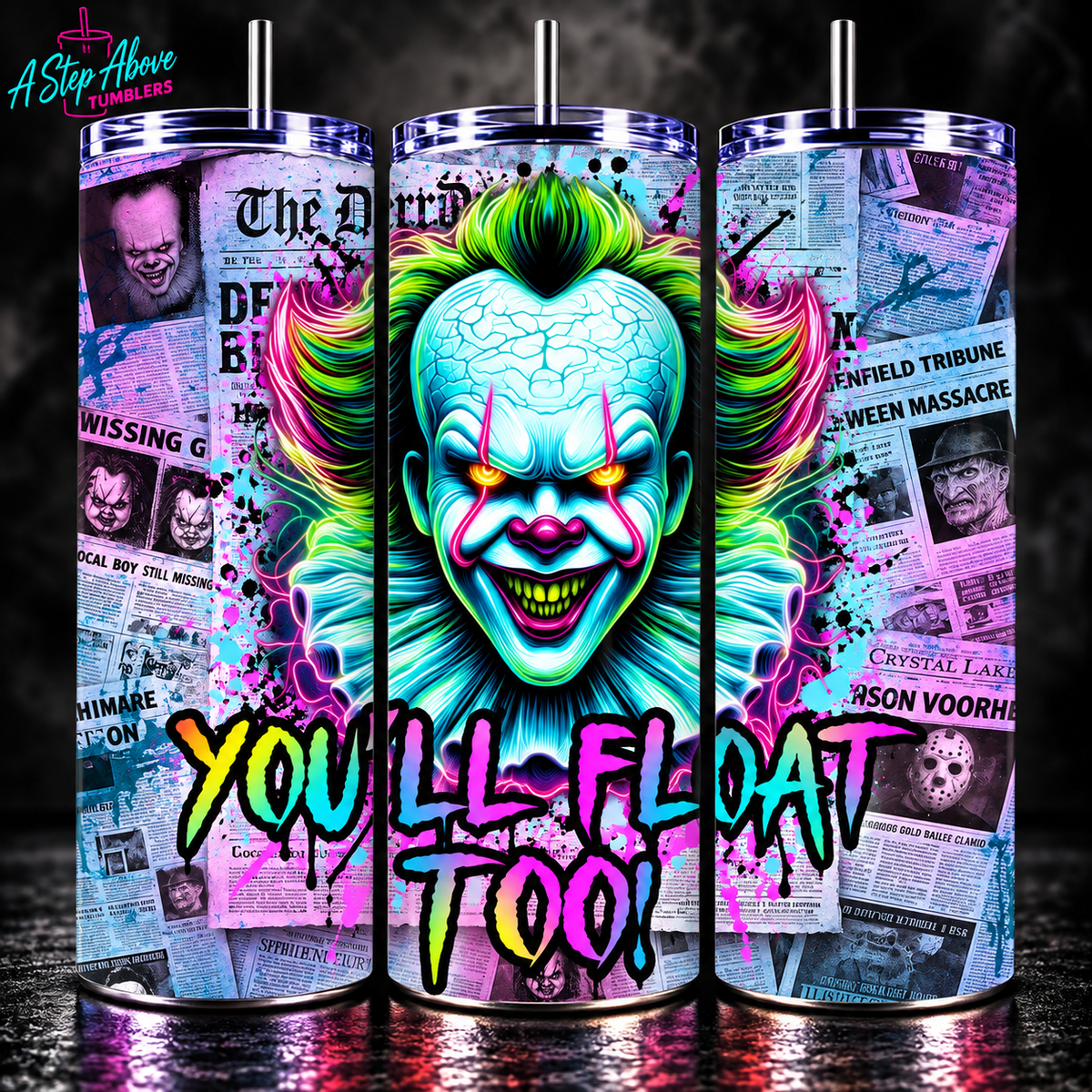 Pennywise Horror Tumbler 20oz | You’ll Float Too Tumbler | Neon Creepy Clown Cup | IT Inspired Horror Gift | Halloween Tumbler