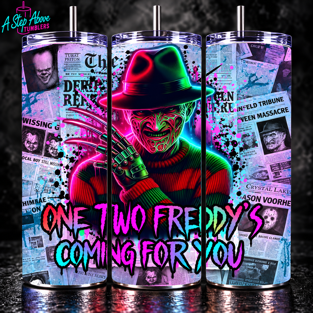 Freddy Krueger Tumbler 20oz | One Two Freddy’s Coming for You | Neon Nightmare Horror Cup | Slasher Movie Gift | Halloween Tumbler