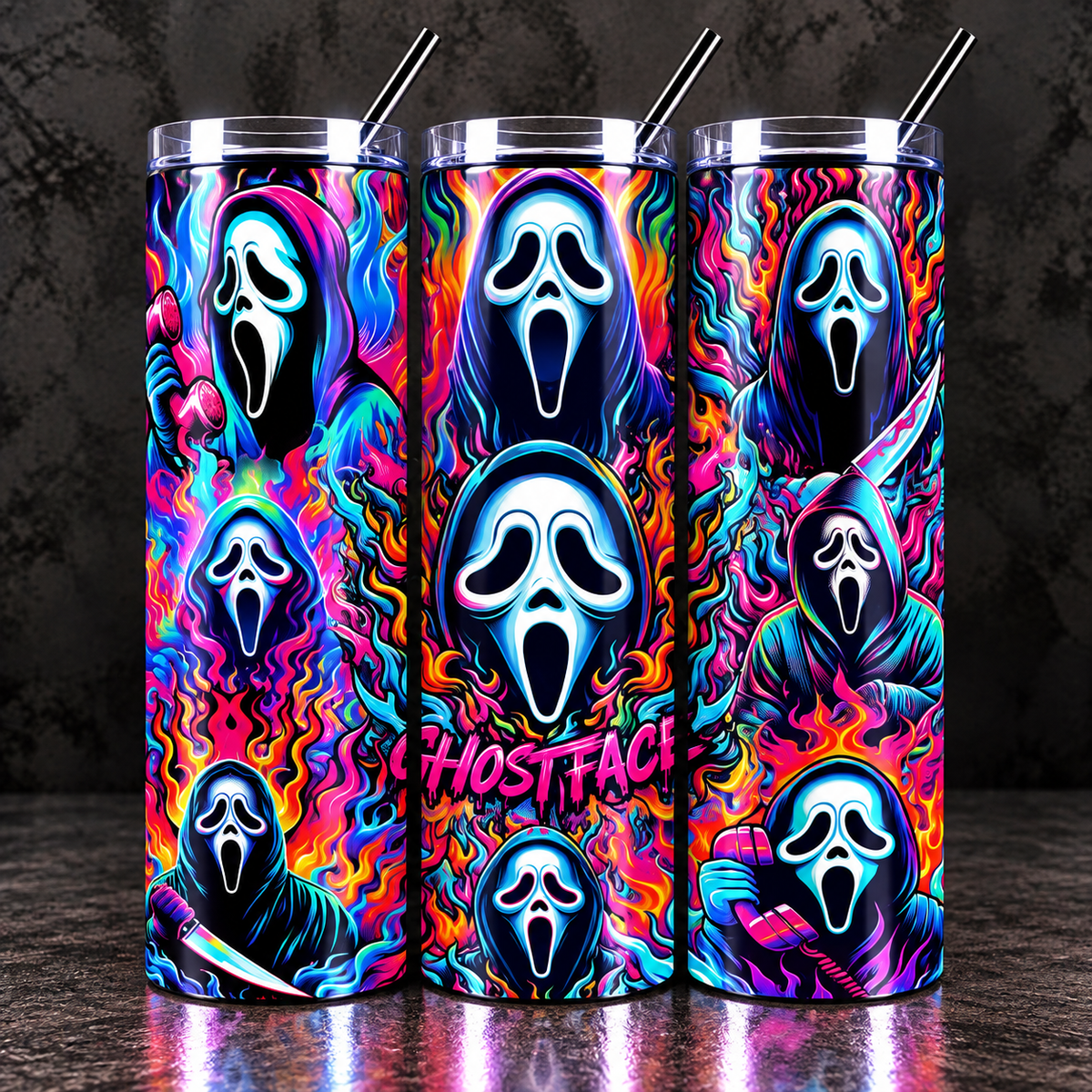 Neon Ghostface Inspired Tumbler 20oz | Colorful Horror Tumbler | Neon Slasher Cup |