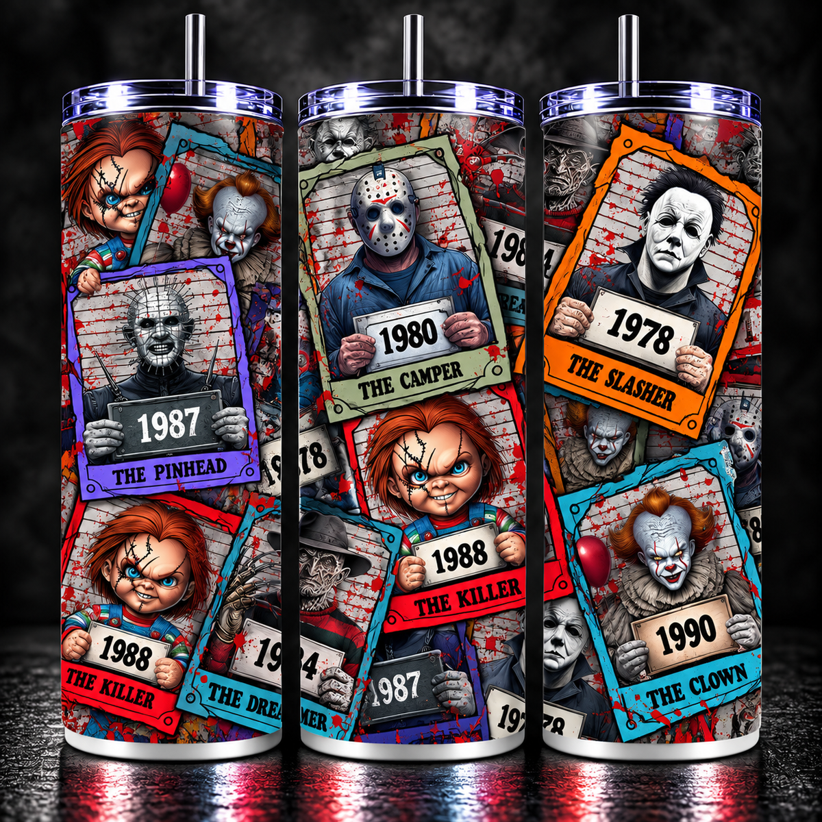 Horror Mugshot Tumbler 20oz | Classic Slasher Villains Cup | Horror Movie Collage | Halloween Tumbler | Scary Movie Lover Gift