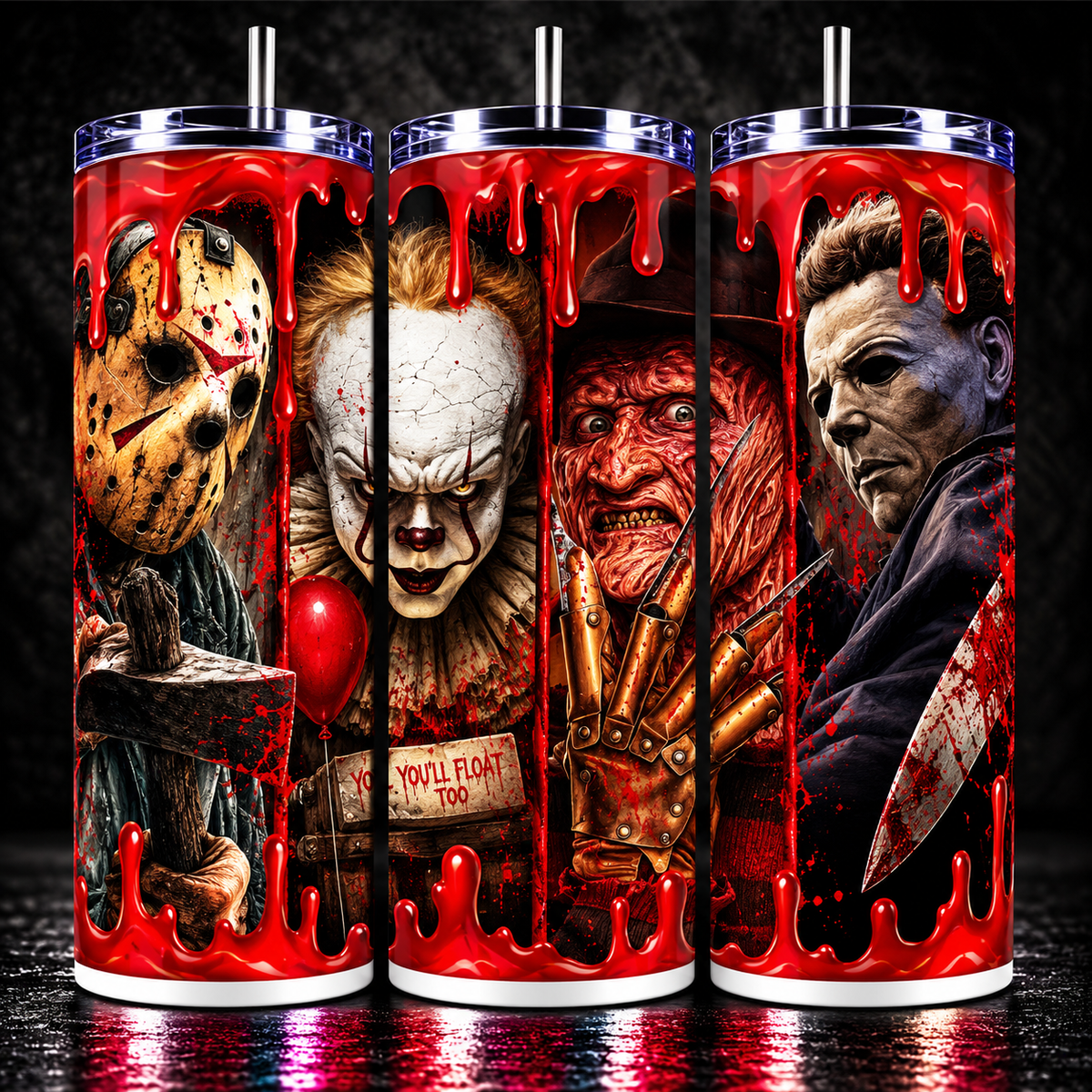 Horror Icons Tumbler 20oz | Jason Pennywise Freddy Michael Myers Cup | Slasher Horror Tumbler | Halloween Gift | Scary Movie Cup