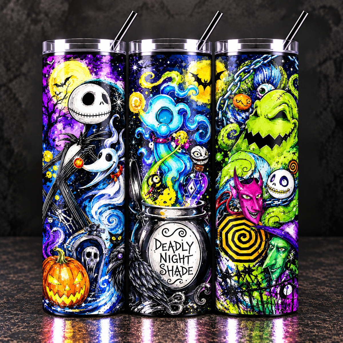 Nightmare Before Christmas Inspired Tumbler 20oz | Jack & Sally Halloween Cup | Colorful Spooky Tumbler | Halloween Christmas Gift