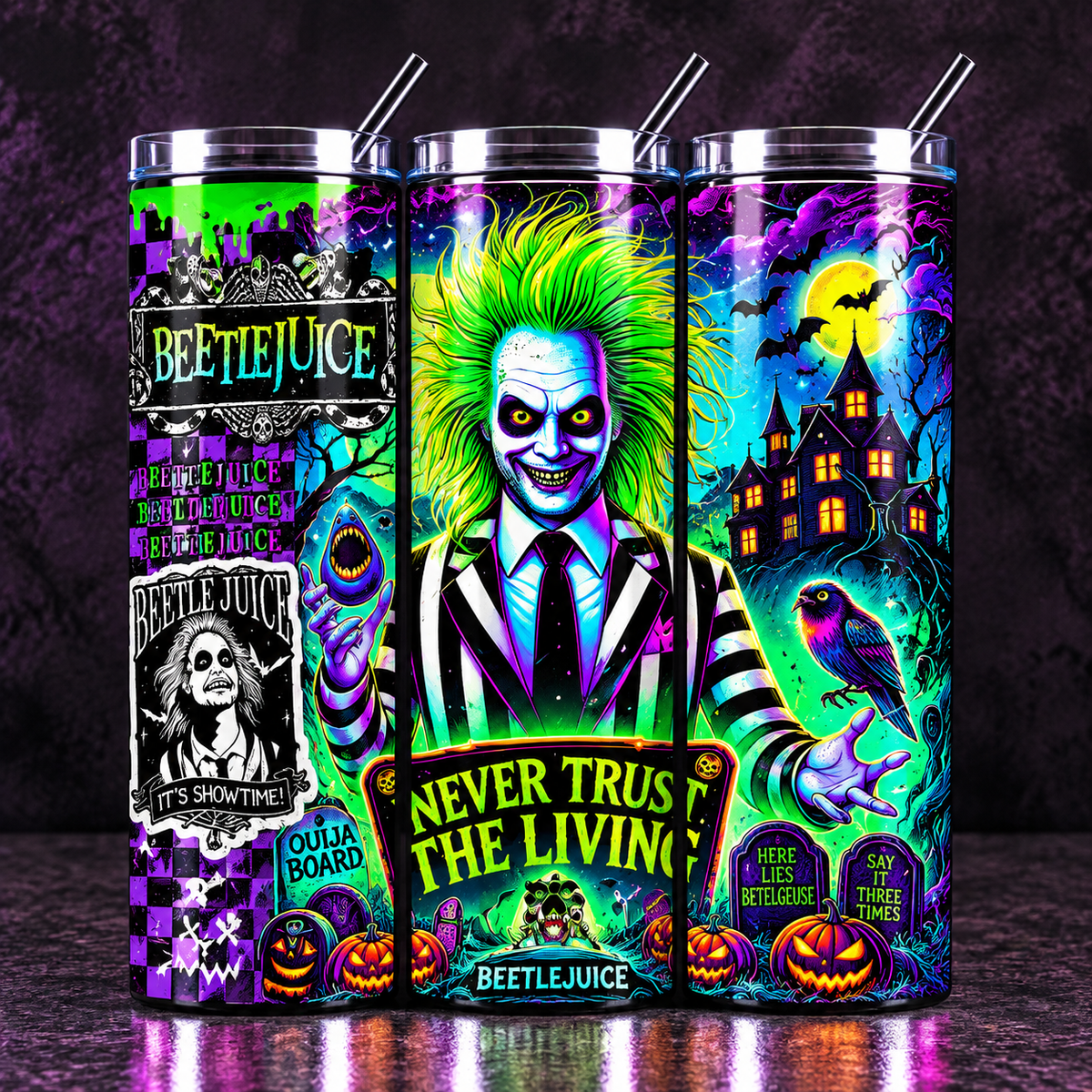 Beetlejuice Inspired Tumbler 20oz | Never Trust the Living Cup | Spooky Halloween Tumbler | Gothic Horror Gift | Halloween Cup