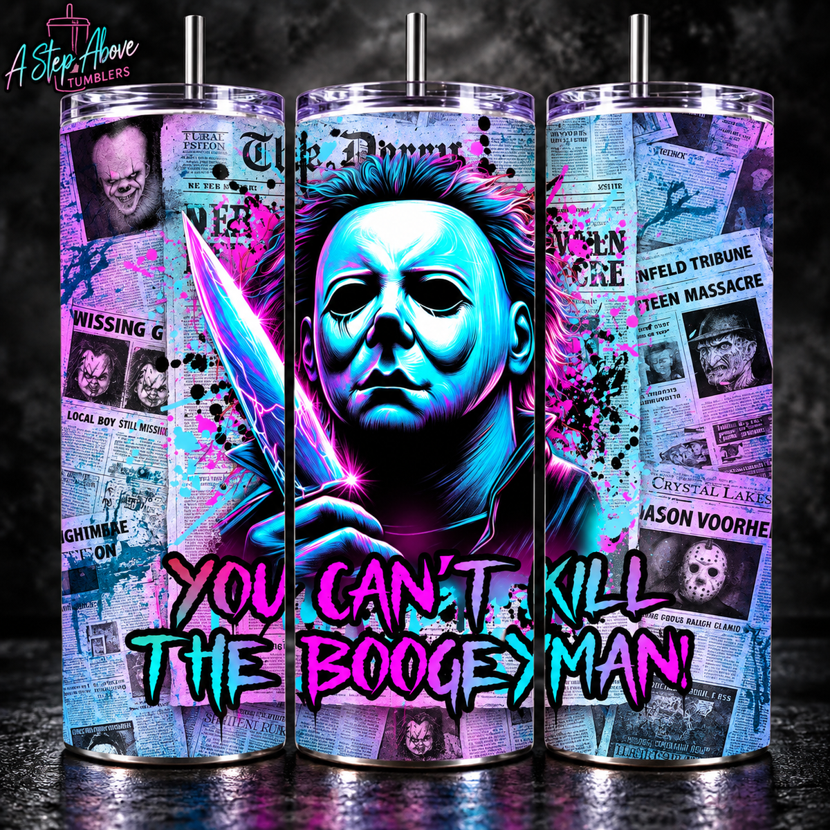 Michael Myers Horror Tumbler 20oz | You Can’t Kill the Boogeyman Cup | Neon Slasher Tumbler | Halloween Horror Gift