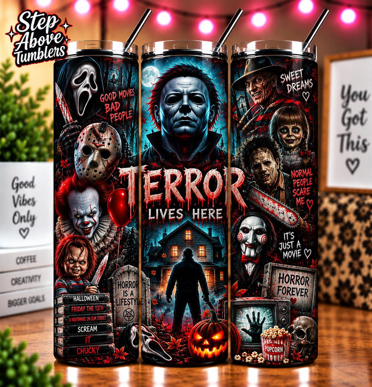 Horror Tumbler Design | Spooky Slasher Tumbler | Horror Movie Inspired 20oz Skinny Tumbler | Halloween Horror Sublimation Design