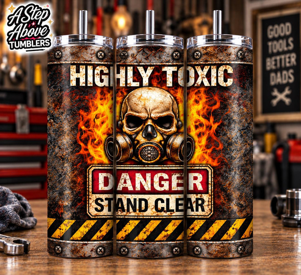 Highly Toxic Tumbler 20oz | Skull Gas Mask Tumbler | Danger Stand Clear Cup | Mechanic Gift | Industrial Tumbler | Gift for Him